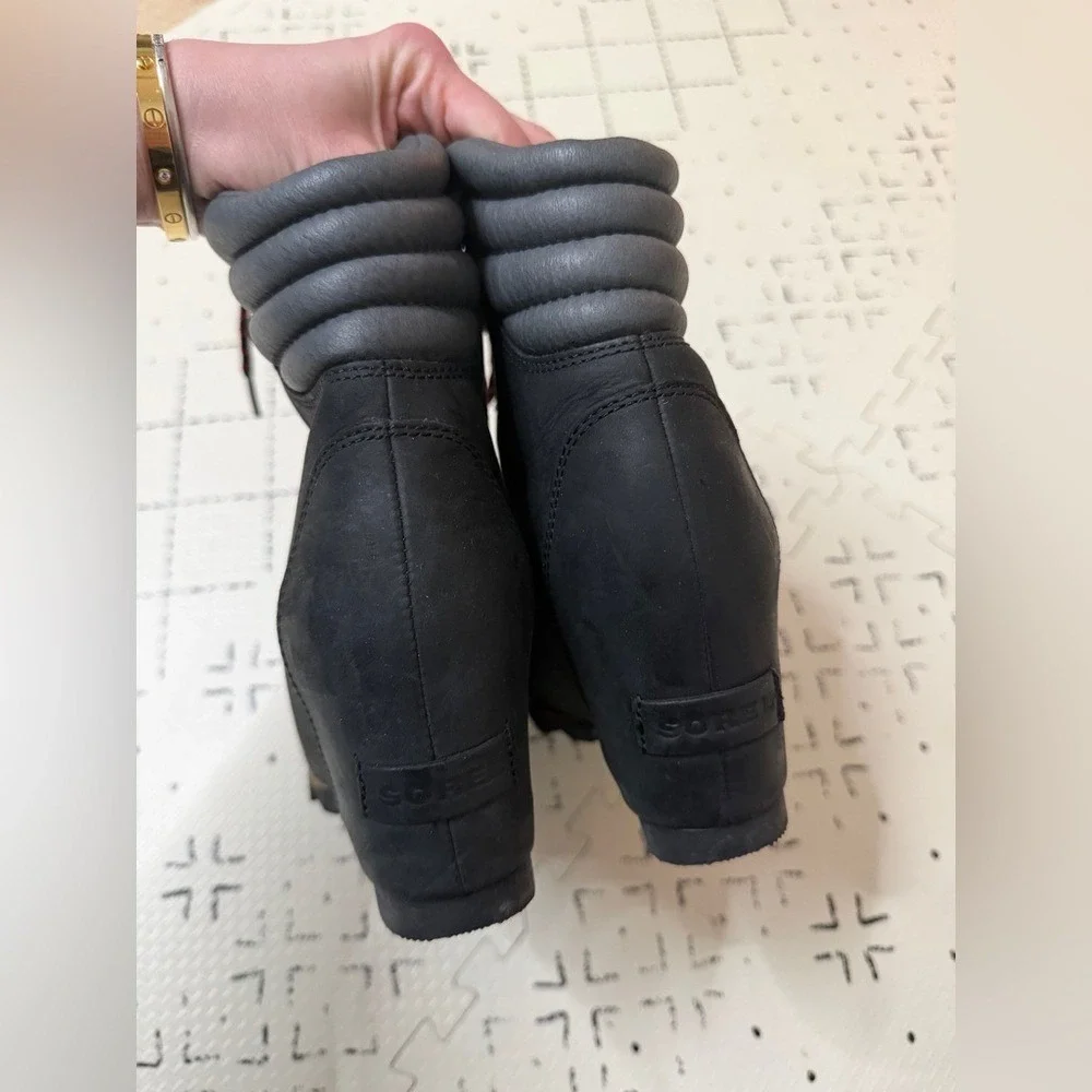 SOREL Conquest Lace Up Wedge Booties‎ WATERPROOF LEATHER BLACK 6.5